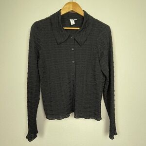 J Joie L Crinkle Button Up Shirt Black Witchy Whimsigoth Casual Lettuce Hem‎